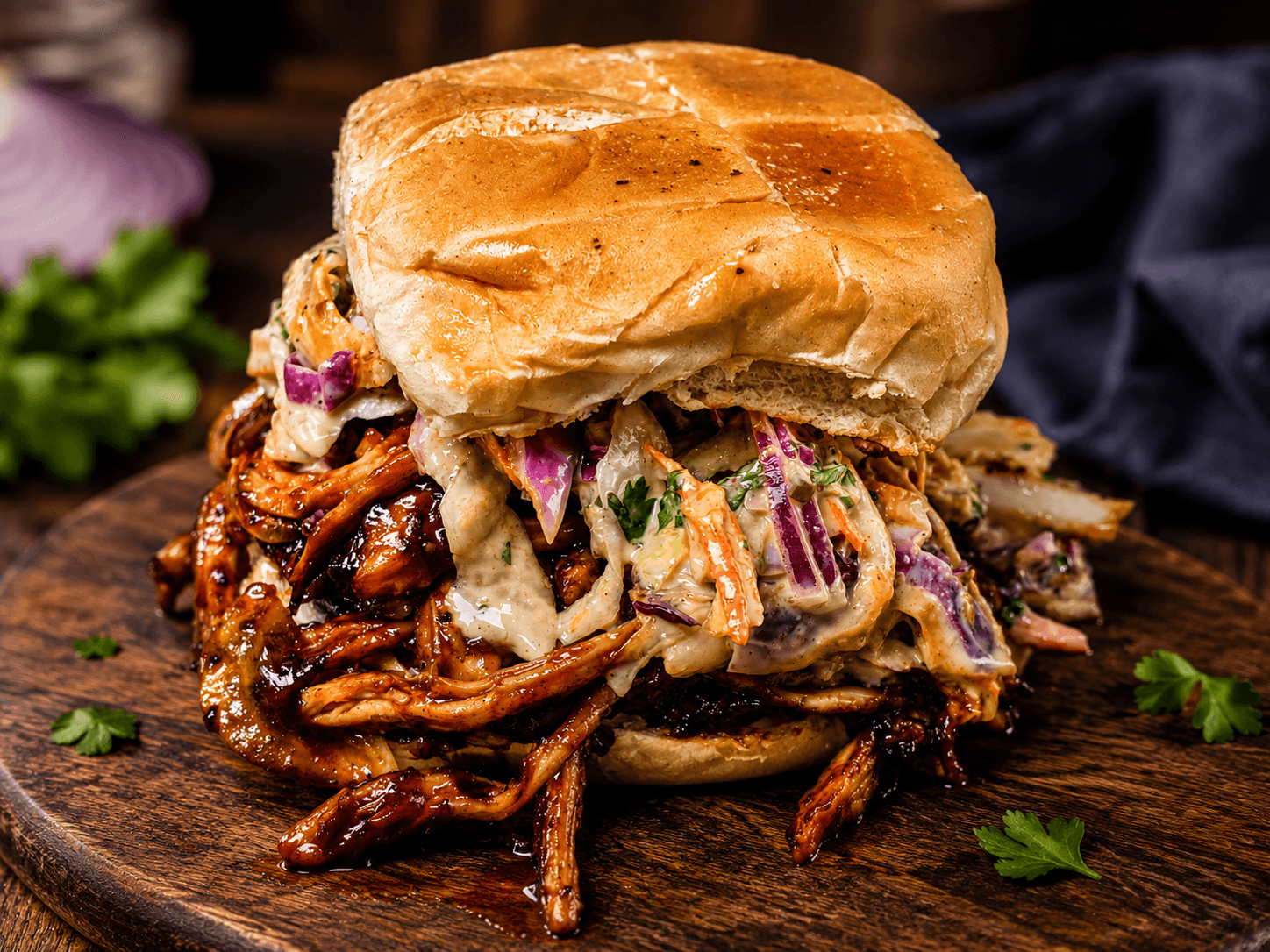 Pulled Jerk barbecue chicken sandwich